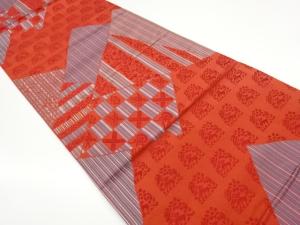 本場筑前博多切り嵌め風変わり縞に横段・格子・抽象模様織出し全通袋帯